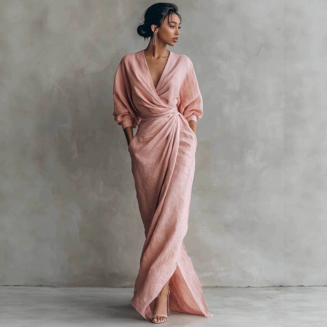 Damen Wickel-Maxikleid aus Leinenmix mit tiefem V-Ausschnitt und Ballonärmeln Shop Nory