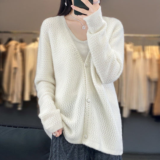 Damen Offener Ajour-Strickcardigan mit dezentem Flauschfinish und kastiger Oversize-Silhouette Shop Nory