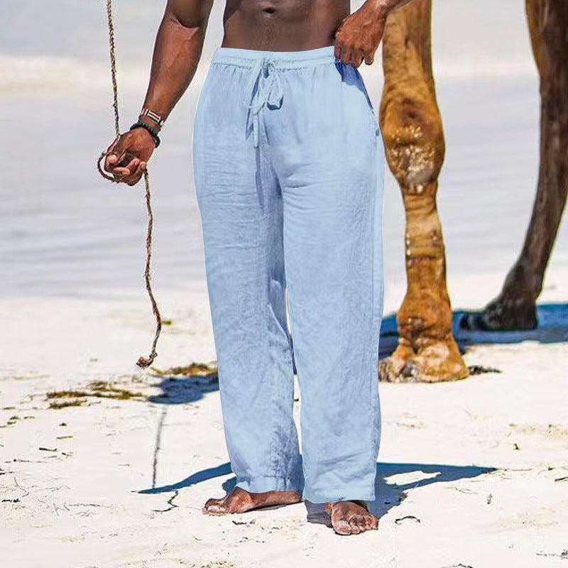 Herren lässige Strandhose aus leichtem Leinenstoff mit elastischem Bund und Kordelzug