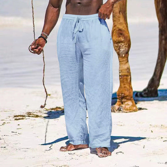 Herren lässige Strandhose aus leichtem Leinenstoff mit elastischem Bund und Kordelzug
