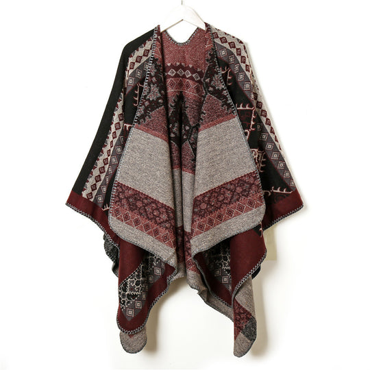 Damen Wollmix-Jacquard-Capeponcho im Ethno-Look mit dekorativer Ziernaht Shop Nory