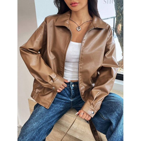 Damen Oversized Kunstleder-Blouson mit Reißverschluss und Hemdkragen Shop Nory