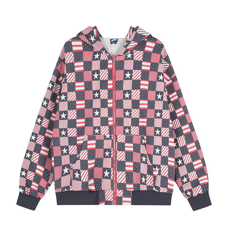 Damen Zip-Kapuzenjacke mit Allover-Patchwork-Sternen- und Streifenmuster Shop Nory