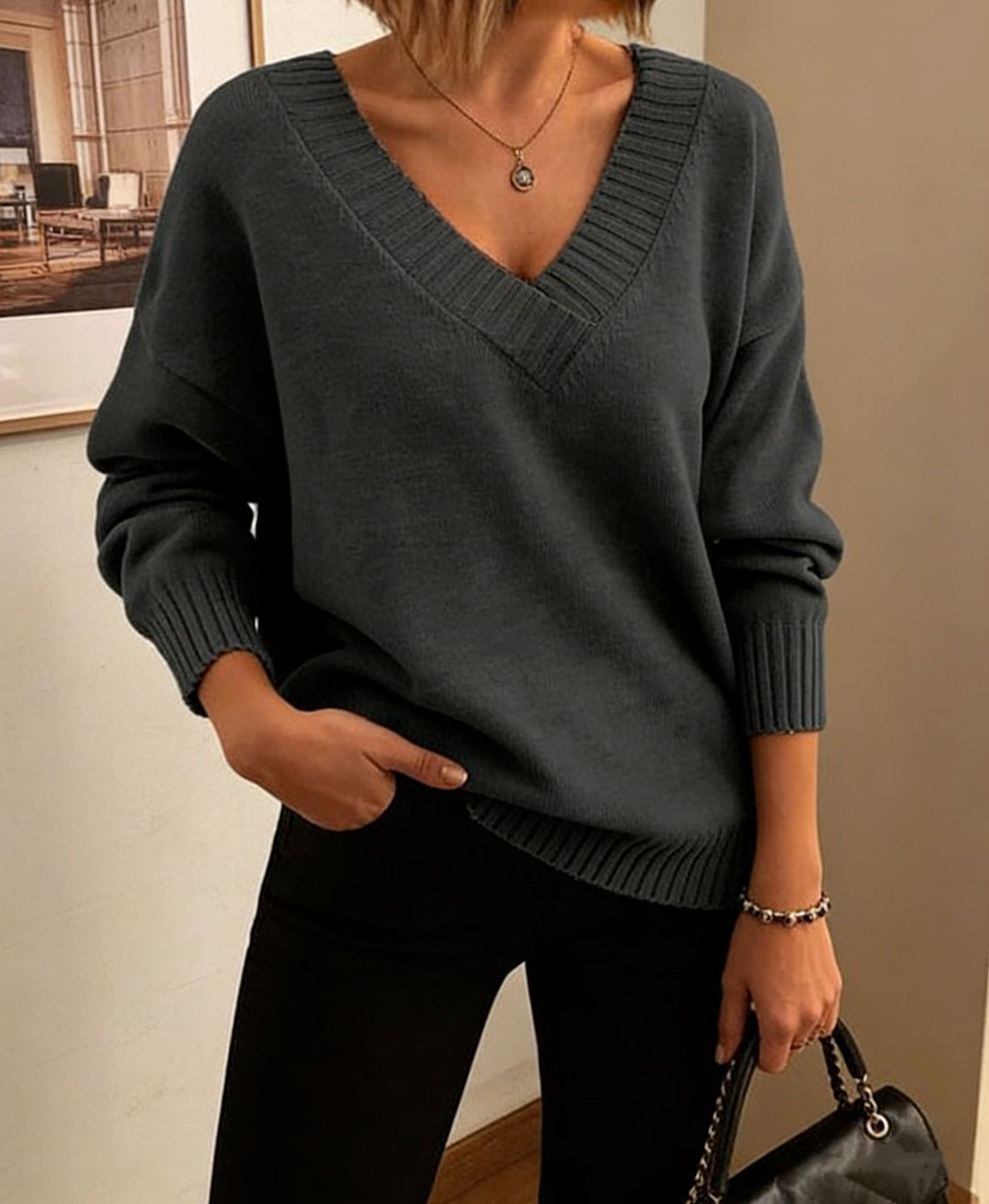 Damen Feinstrickpullover mit tiefem V-Ausschnitt und überschnittener Schulter Shop Nory