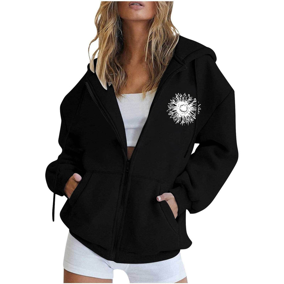 Damen nan oversized Kapuzenjacke mit Frontreißverschluss, Kängurutaschen und stilisiertem Sonnenblumenprint Shop Nory