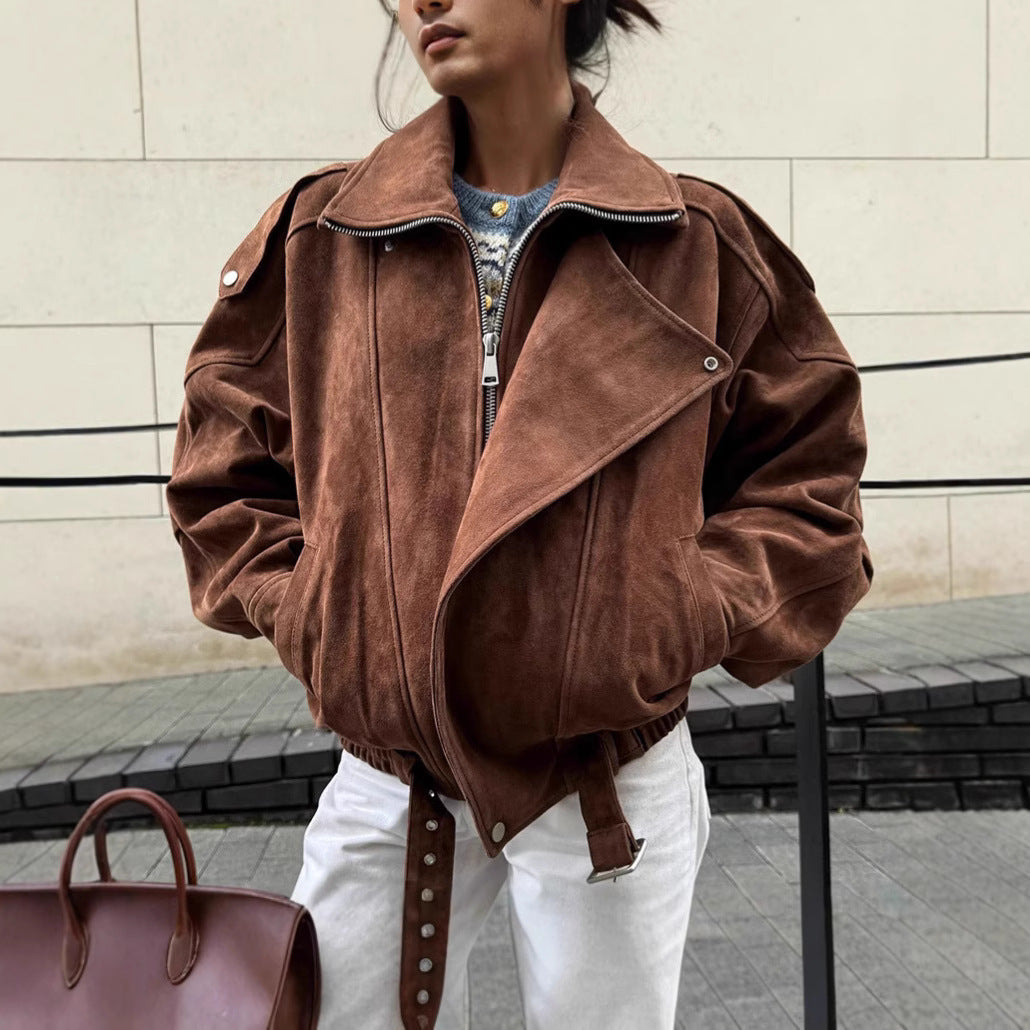 Damen lässige Wildlederjacke im Oversized-Stil mit Taillengürtel