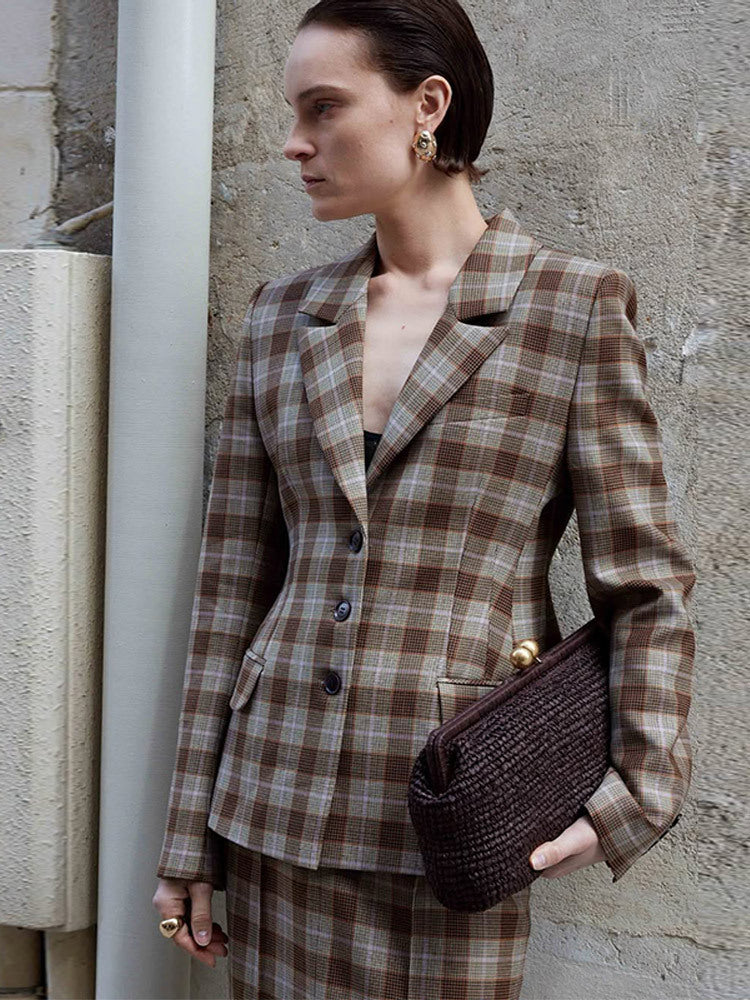 Damen Karo-Blazer und Minirock Set mit taillierter Silhouette und Schößchen Shop Nory