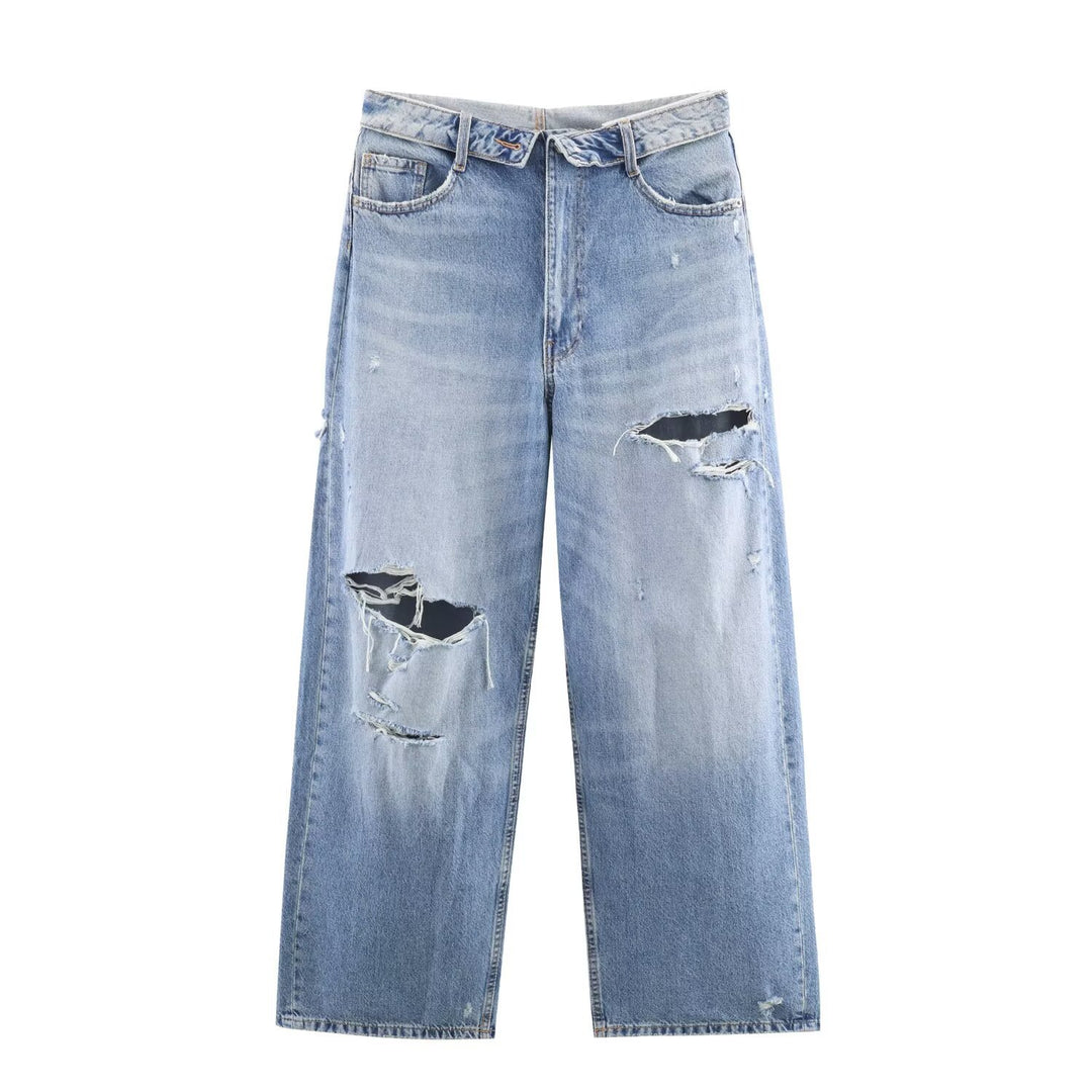 Damen Weite Destroyed-Jeans mit hoher Taille und geradem Bein Shop Nory