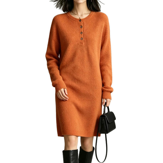 Damen Midilanges Strickkleid mit Henley-Leiste und gerippten Bündchen Shop Nory