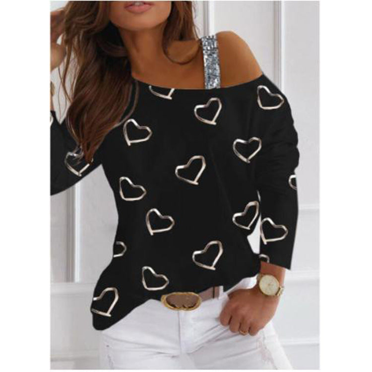 Damen Off-Shoulder Strickpullover mit Herzprint und Paillettenträger Shop Nory