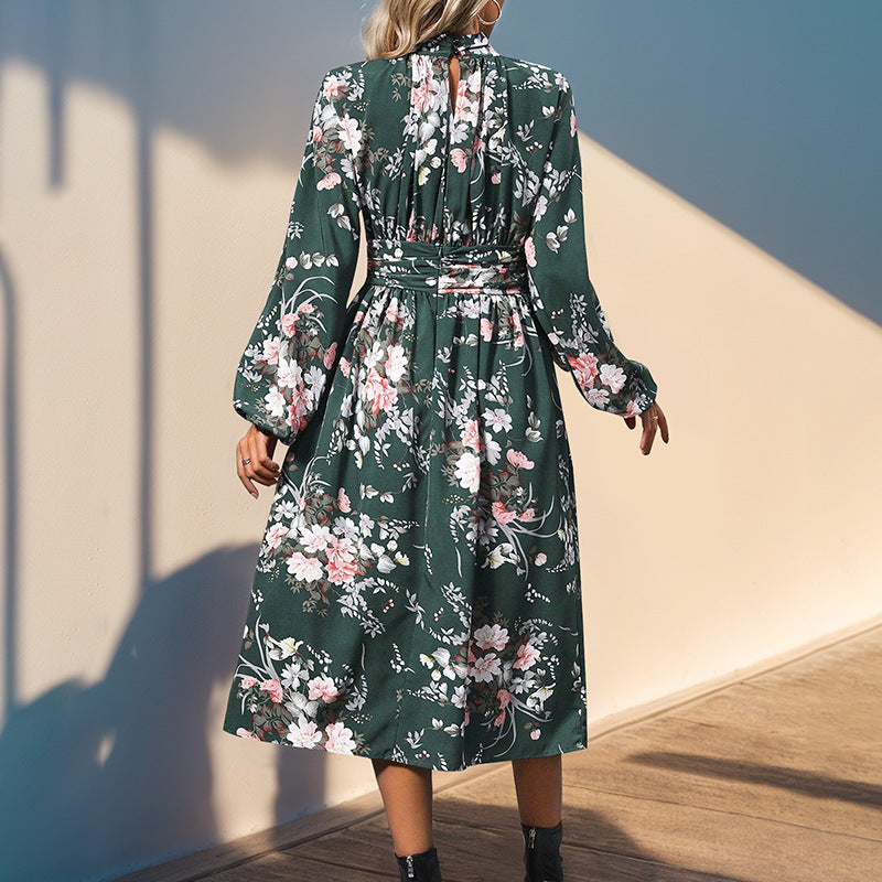 Damen Midikleid mit floralem Alloverprint, Stehkragen und Drapiertem Taillengürtel Shop Nory