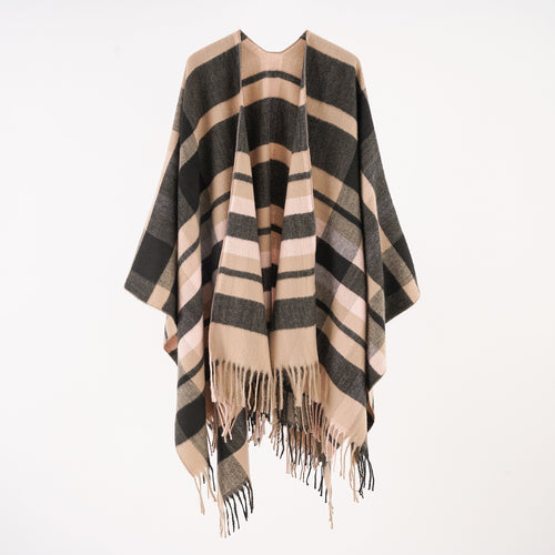 Damen Wollmix-Ruana im kastigen Oversize mit großem Karo und Fransensaum Shop Nory