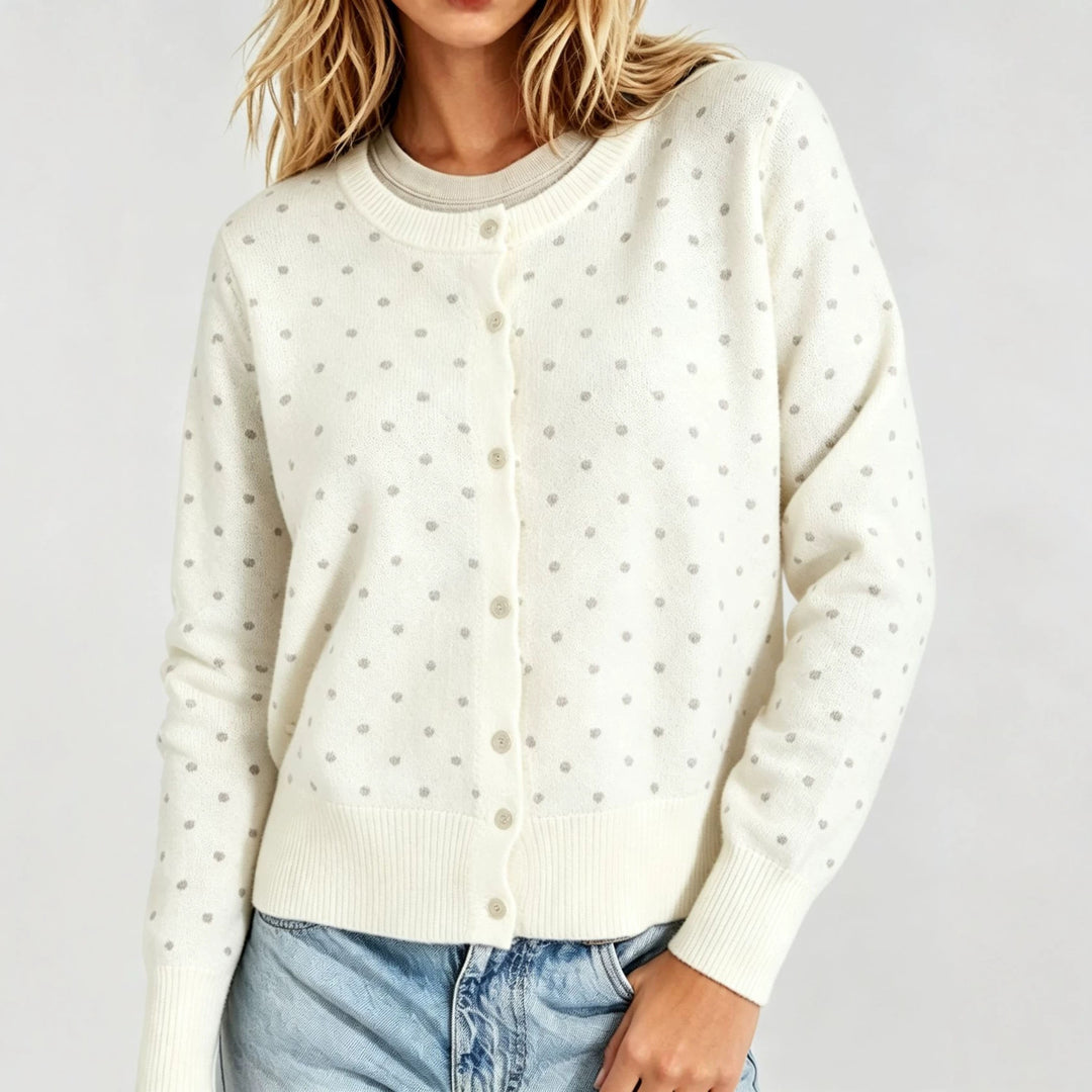 Damen Gepunktete Feinstrick-Cardigan mit Rundhals und Rippbündchen Shop Nory