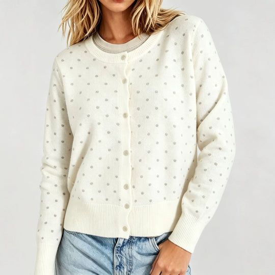 Damen Gepunktete Feinstrick-Cardigan mit Rundhals und Rippbündchen Shop Nory
