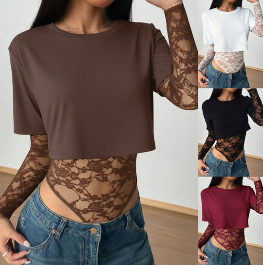 Damen Kurzschnitt-Shirt mit transparentem Spitzen-Bodysuit-Overlay Shop Nory