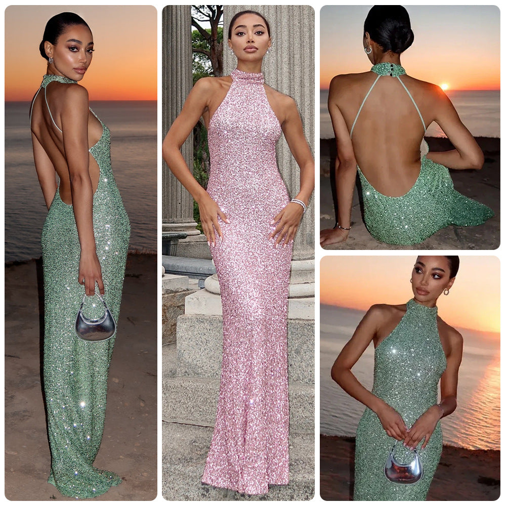 Damen Glitzerndes Abendkleid mit hohem Kragen und figurbetontem Schnitt