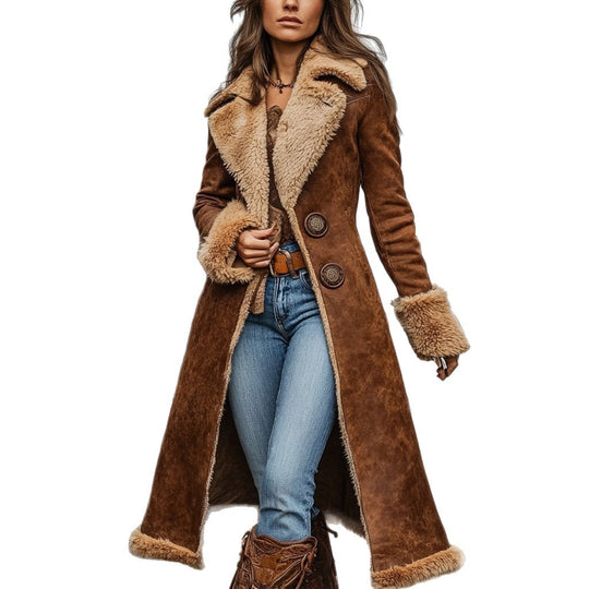 Damen nan taillierter Langmantel mit Teddyfutter, Wildlederoptik und dekorativer Knopfleiste Shop Nory