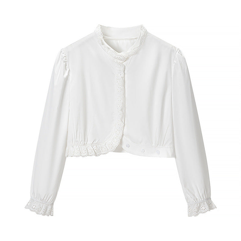 Damen Gekürzte Spitzenbolero‑Bluse mit Stehkragen und Lochstickerei Shop Nory