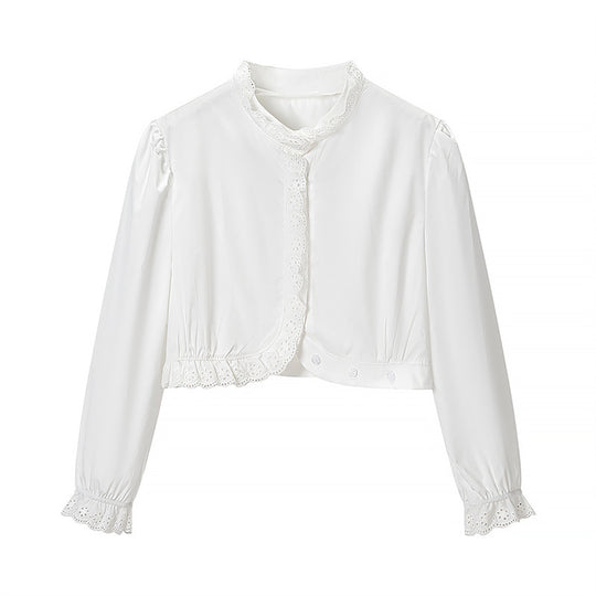Damen Gekürzte Spitzenbolero‑Bluse mit Stehkragen und Lochstickerei Shop Nory