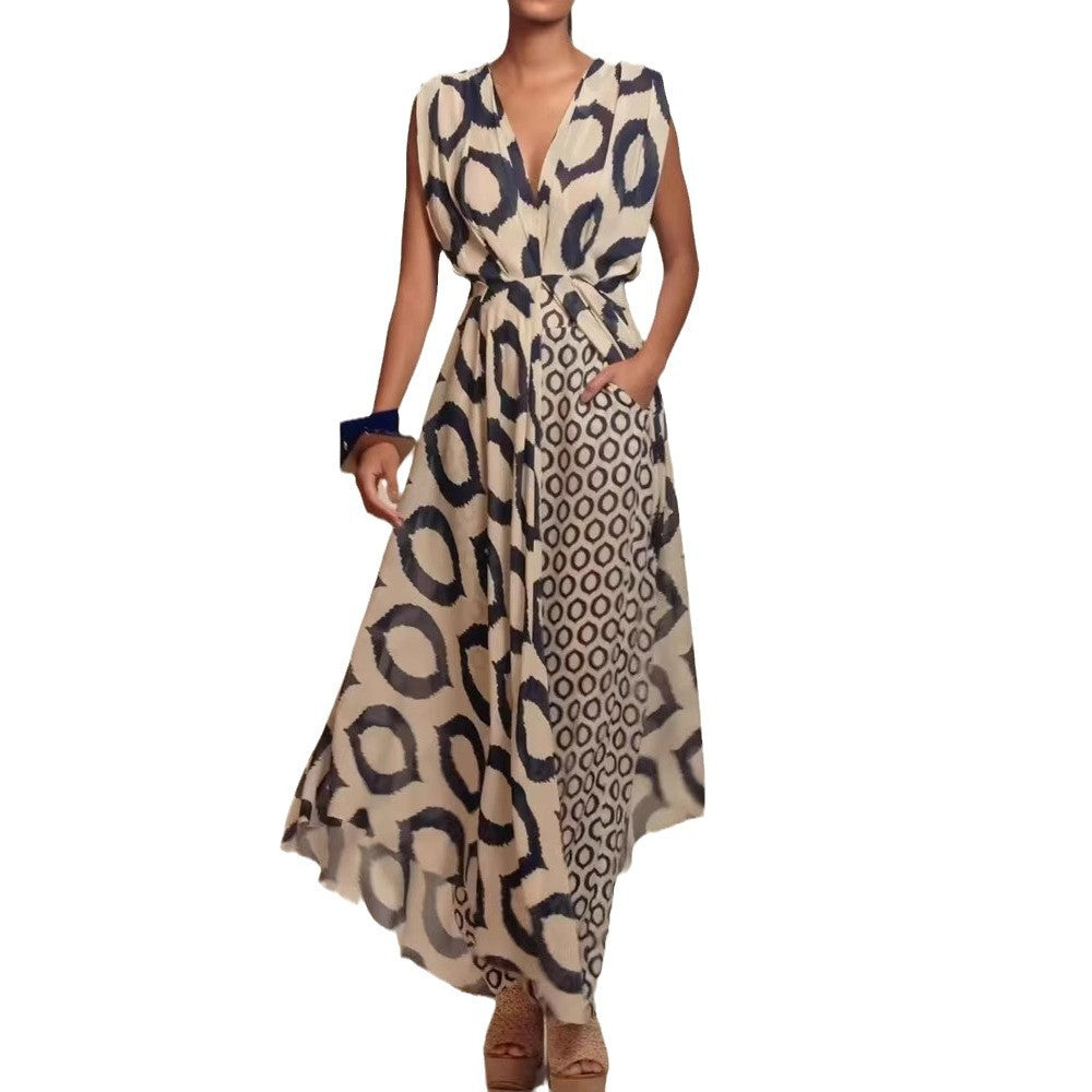 Damen Eleganter Jumpsuit mit Wickelgürtel und geometrischem Muster