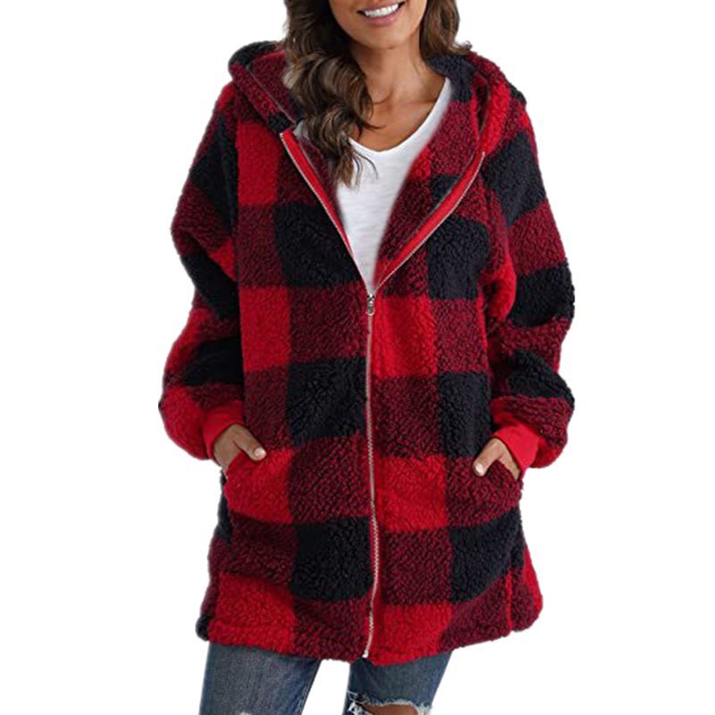 Damen Kariertes Teddy-Fleece-Mantel mit Kapuze und Reißverschluss Shop Nory