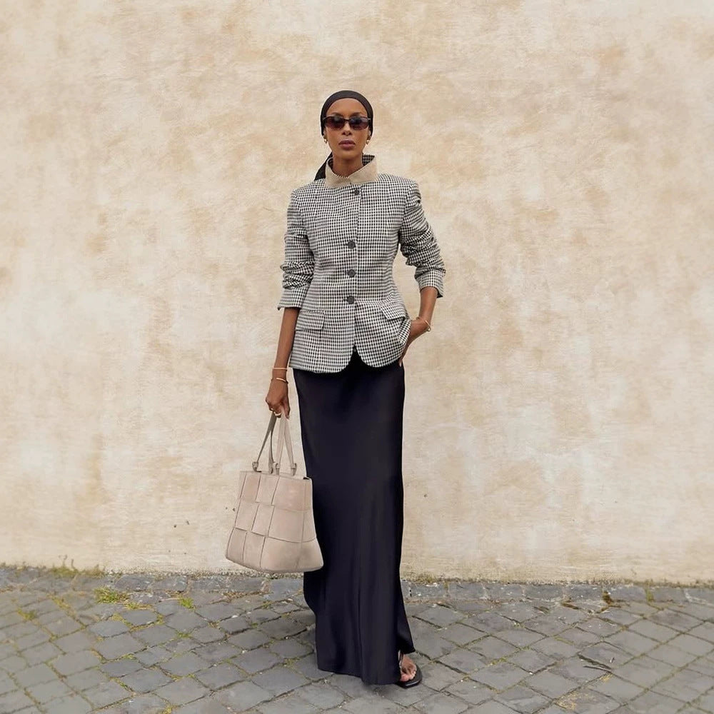 Damen Taillierter Kurzblazer im Vichy-Karo mit Stehkragen und geschwungenem Saum Shop Nory