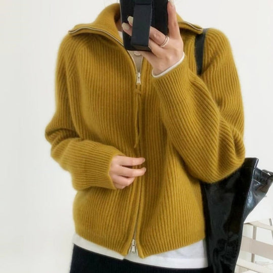 Damen Oversize-Strickjacke mit Reißverschluss, Stehkragen und gerippter Struktur Shop Nory