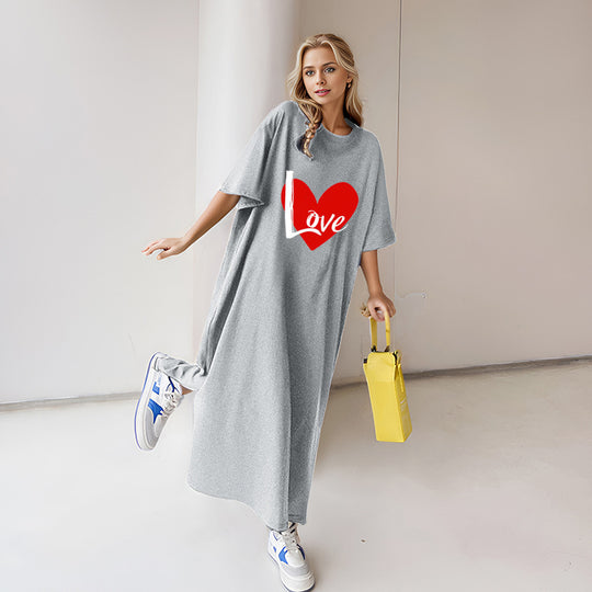 Damen nan locker geschnittenes Maxikleid mit großem Herzgrafikprint und Rundhalsausschnitt Shop Nory