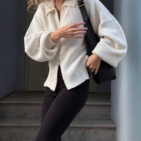 Damen Gerippte Strickjacke mit Reißverschluss, Hemdkragen & Ballonärmeln Shop Nory