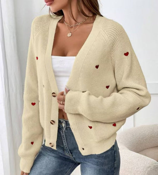 Damen lässige Strickjacke mit Herzapplikationen und tiefem V-Ausschnitt