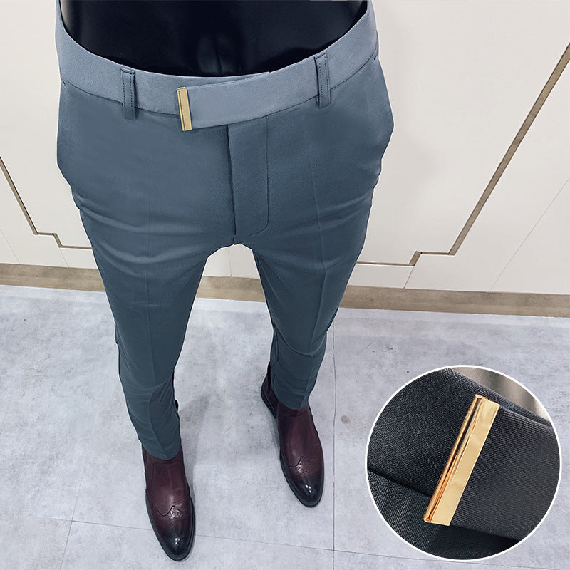 Herren schmale elegante Anzughose mit dezenter Goldschließe und Bügelfalte Shop Nory