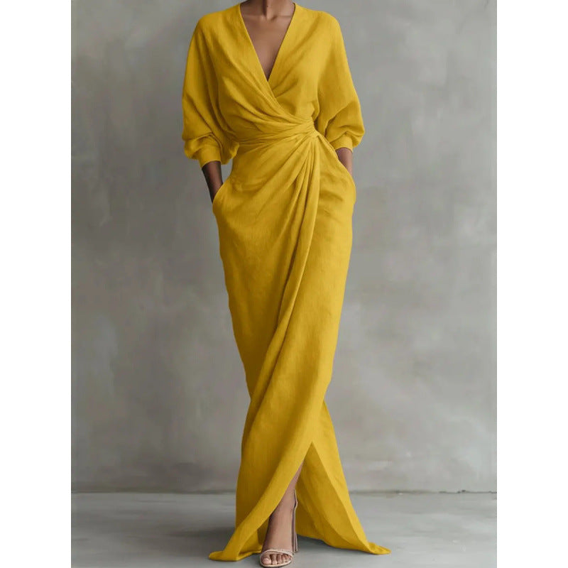 Damen Drapiertes Wickel-Maxikleid mit tiefem V-Ausschnitt, Taillen-Twist und Eingrifftaschen Shop Nory