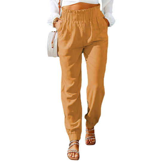 Damen Hochtaillierte Leinenoptik-Joggerhose mit elastischem Rüschbund und Eingrifftaschen Shop Nory