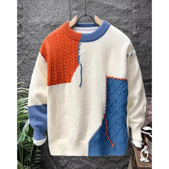 Unisex Patchwork-Oversize-Strickpullover mit Zopf- und Rautenmuster, dekorativen Kontrastnähten und Rundhalsausschnitt Shop Nory