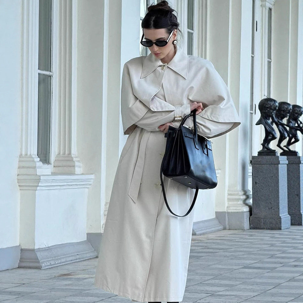 Damen Langer Taillierter Trenchcoat mit abnehmbarem Cape und Bindegürtel Shop Nory