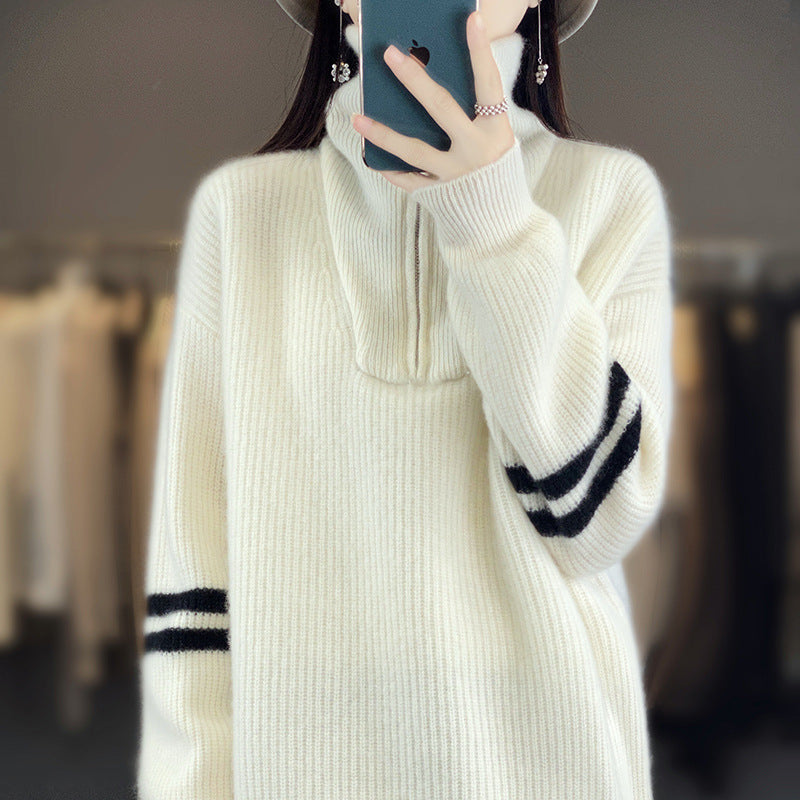 Damen Rippenstrick-Pullover mit halbem Reißverschluss, hohem Stehkragen und lässiger Passform Shop Nory