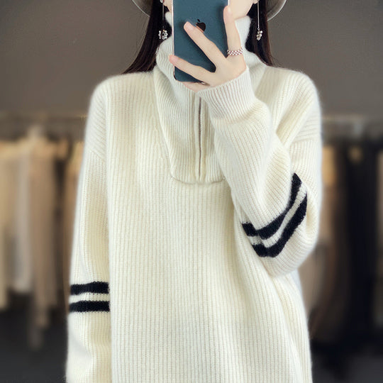 Damen Rippenstrick-Pullover mit halbem Reißverschluss, hohem Stehkragen und lässiger Passform Shop Nory