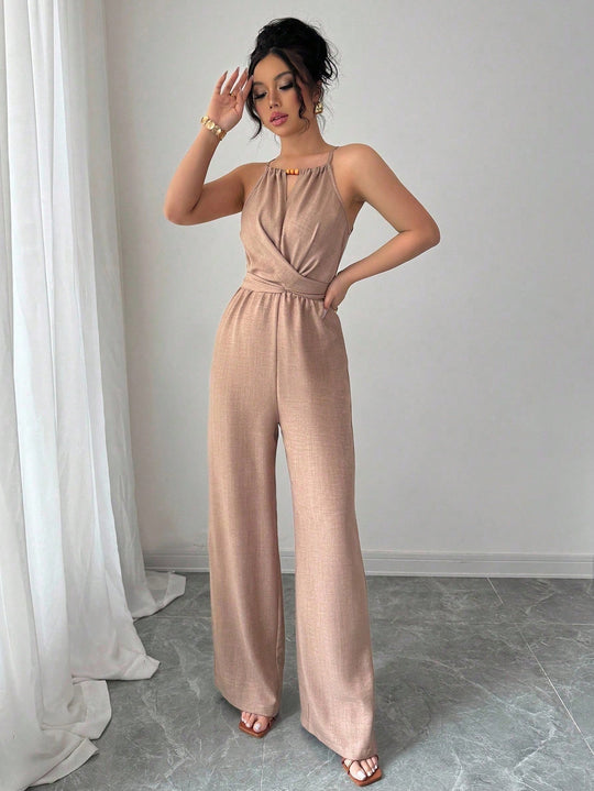 Damen Ärmelloser Neckholder-Jumpsuit mit Wickeloberteil und weitem Bein Shop Nory