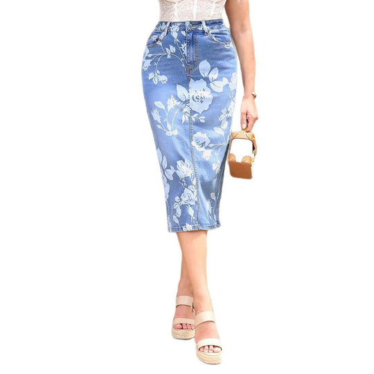 Damen taillenhoher floraler Denim-Bleistiftrock (Midi) Shop Nory