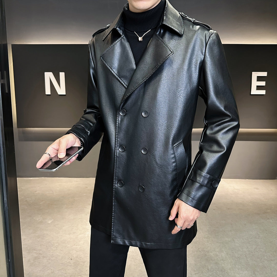 Herren Doppelreihiger Kunstledermantel im Trenchstil mit Reverskragen und Schulterpatten Shop Nory
