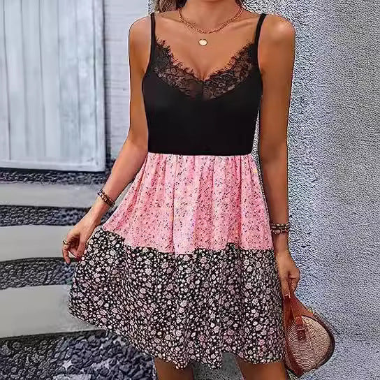 Damen Blumenkleid mit Spitzenoberteil und gefächertem Rock