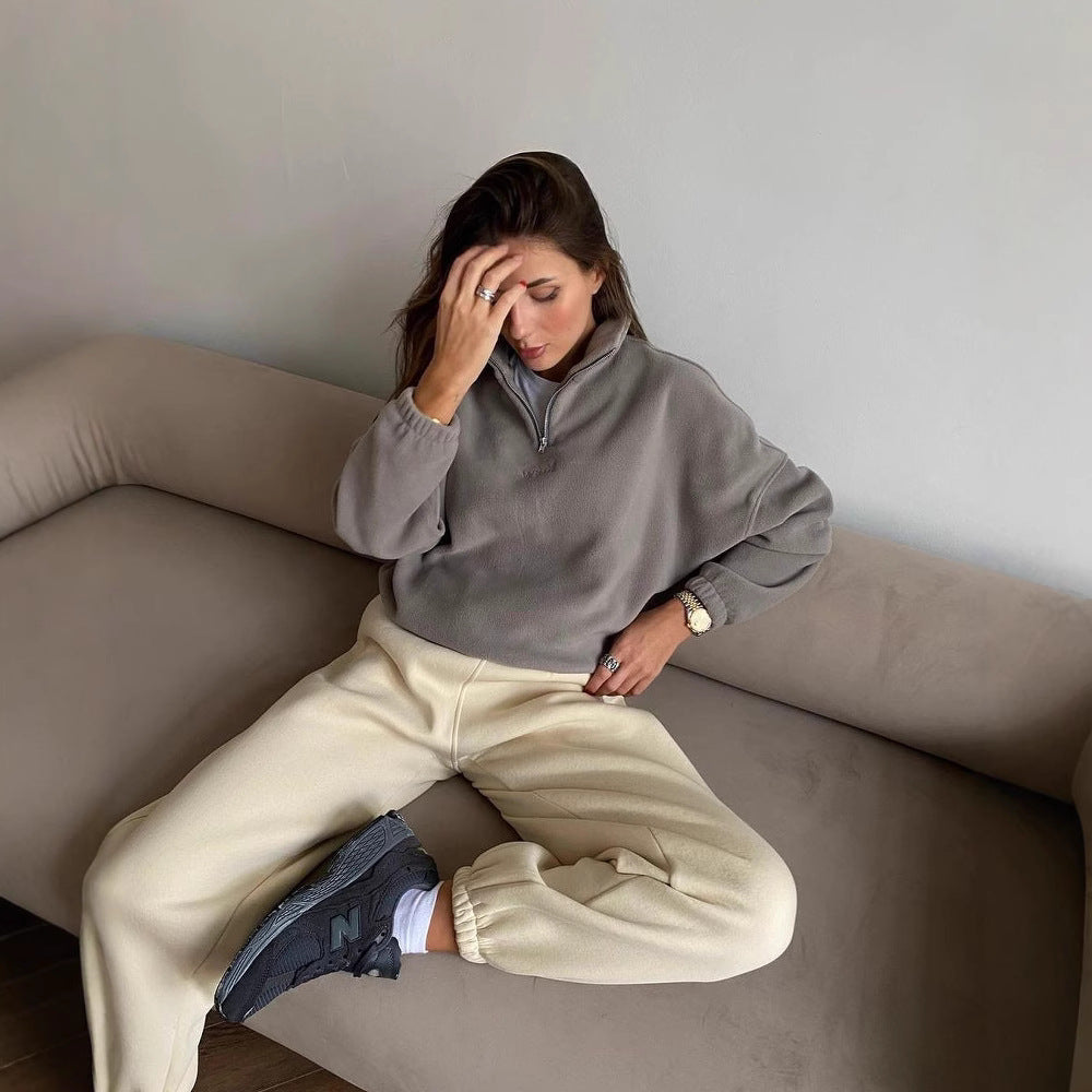 Damen Fleece-Halbzip-Sweatshirt oversized mit Stehkragen, Kängurutasche-Optik und elastischen Bündchen Shop Nory
