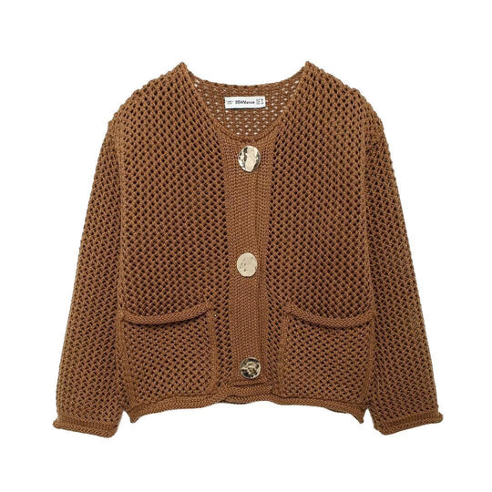 Damen Strickjacke mit offener Netz-Struktur, Zierknöpfen und aufgesetzten Taschen Shop Nory