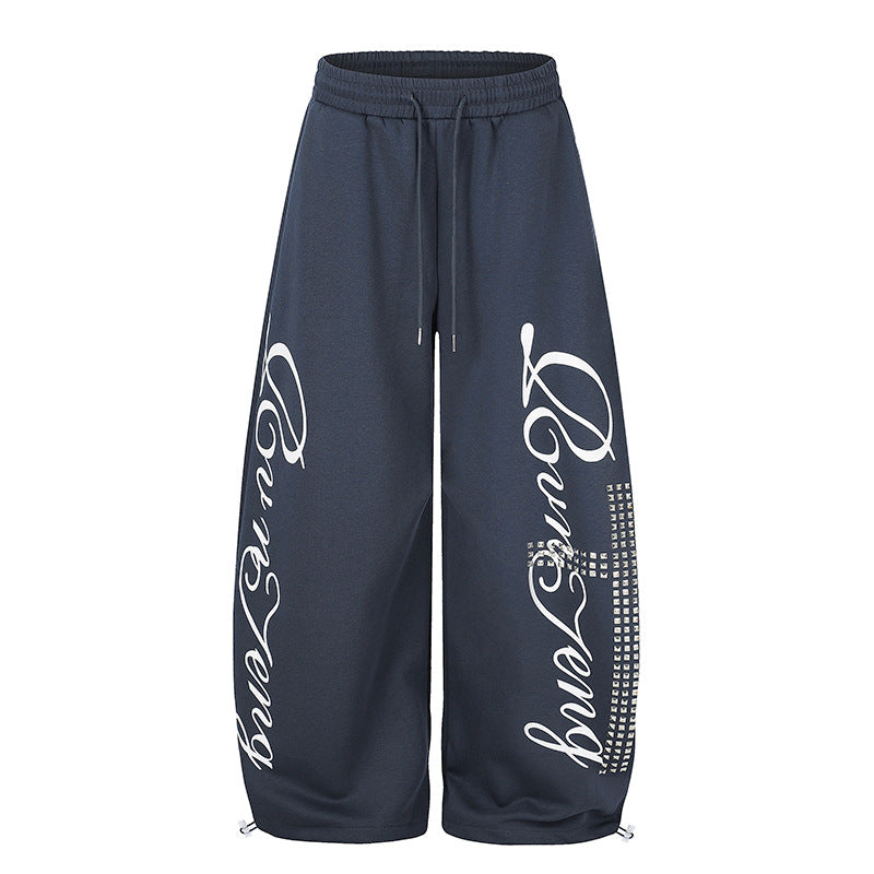 Damen Palazzo-Sweatpants im Culotte-Stil mit hohem Bund, Tunnelzug, Schriftprint und Strassbesatz Shop Nory