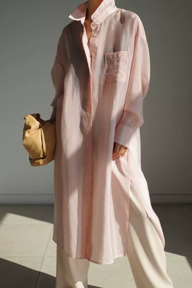 Damen Oversize Hemdblusen-Mantel mit Brusttasche, Seitenschlitz und fließender Leinenoptik Shop Nory