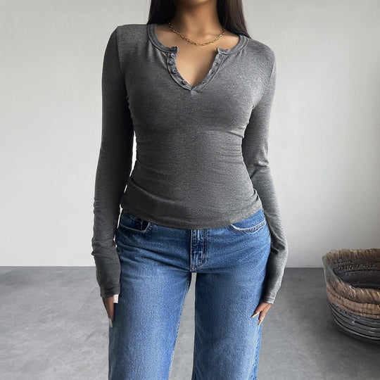 Damen nan tailliertes Henley-Longsleeve mit Stretchjersey und Daumenloch Shop Nory