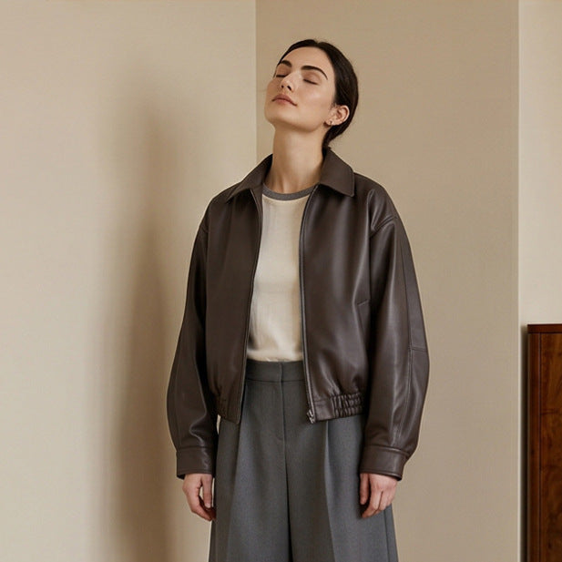 Damen Boxy-Cropped Kunstlederjacke mit verdecktem Reißverschluss und elastischem Saum Shop Nory