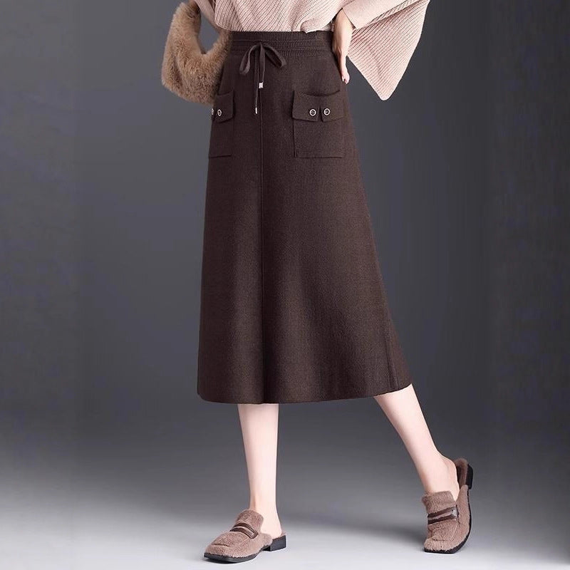 Damen Modischer Maxirock mit Taschen und Bindegürtel Shop Nory