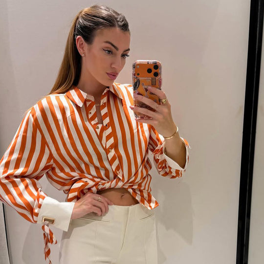 Damen Gestreifte Oversize-Hemdbluse mit kontrastierenden Manschetten & Knotenabschlüssen Shop Nory