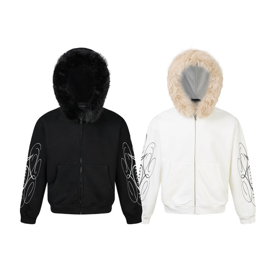 Unisex Oversize Kapuzenjacke aus Baumwollmix mit abnehmbarem Kunstfellbesatz und grafischen Ärmeldrucken Shop Nory